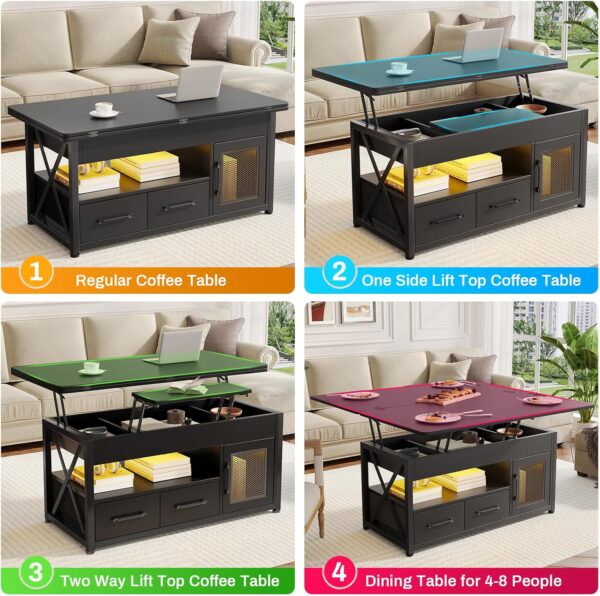 Itaar 40" Lift Top Coffee Table, 4 in 1 Coffee Tables with Storage Cabinet for Living Room, Small Farmhouse Coffee Table with 2 Fabric Drawers & LED Light for Dining Room, Black - Image 4
