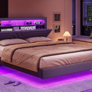 Queen Floating Bed Frame with RGB LED Lights Headboard, USB-C/A Power Combo, Linen Upholstered Platform Bed with Storage Headboard, Innovative Stable Structure, Dark Gray