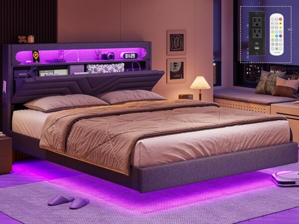 Queen Floating Bed Frame with RGB LED Lights Headboard, USB-C/A Power Combo, Linen Upholstered Platform Bed with Storage Headboard, Innovative Stable Structure, Dark Gray