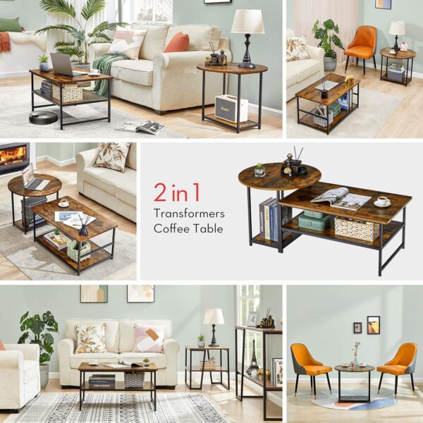 WOHOMO Coffee Table, Mid Century Modern Coffee Table for Living Room Rustic Farmhouse Center Table 2 in 1Detachable Table Set, Rustic Brown - Image 5