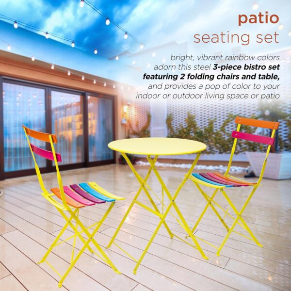 Alpine Corporation Indoor/Outdoor 3-Piece Bistro Set Folding Table and Chairs Patio Seating, Rainbow - Image 3