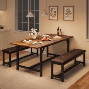 GAOMON Dining Room Table Set for 4-6, 63" Extendable Dining Table Set for 6, Kitchen Table with 2 Upholstered Benches, Dining Room Extendable Table Set for Small Space, Apartment, Rustic Brown