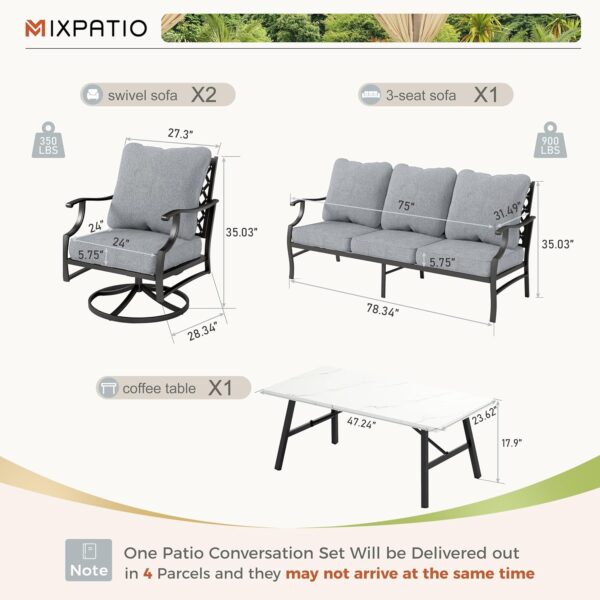 Patio Furniture Set 4 pcs, Outdoor Patio Furniture, 3-Seat Sofa, 2 Swivel Chairs, Coffee Table and 5.75" Extra Thick Cushion, Patio Conversation Set for Backyard Deck,Grey - Image 6