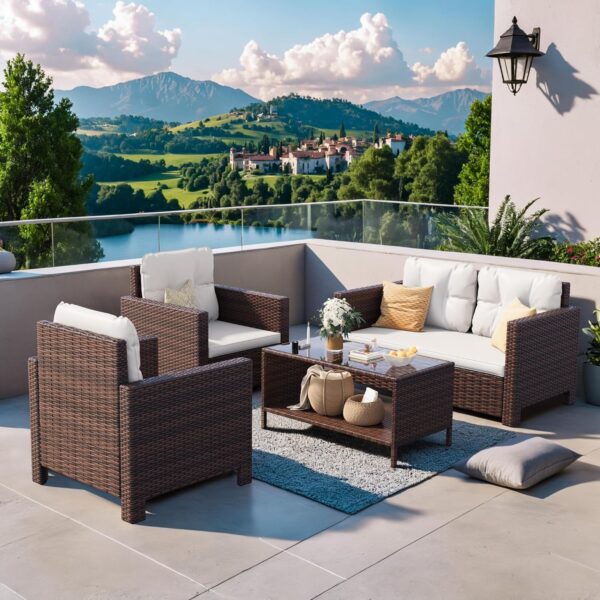 Homall 4 Pieces Patio Furniture Sets Rattan Chair Wicker Conversation Sofa Set, Outdoor Indoor Backyard Porch Garden Poolside Balcony Use (Beige) - Image 2