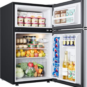 EUHOMY Mini Fridge with Freezer, 3.2 Cu.Ft Compact Refrigerator with freezer, 2 Door Mini Fridge with freezer For Dorm/Bedroom/Office/Apartment- Food Storage or Drink Beer, New Silver