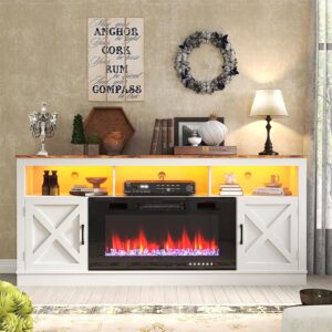 Farmhouse Fireplace TV Stand for 70/75/80 Inch TV, 32”Tall Entertainment Center w/ 36”Electric Fireplace & LED Light, 70”Media Console w/Barn Door Cabinet for Living Room, White