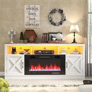 Farmhouse Fireplace TV Stand for 70/75/80 Inch TV, 32”Tall Entertainment Center w/ 36”Electric Fireplace & LED Light, 70”Media Console w/Barn Door Cabinet for Living Room, White