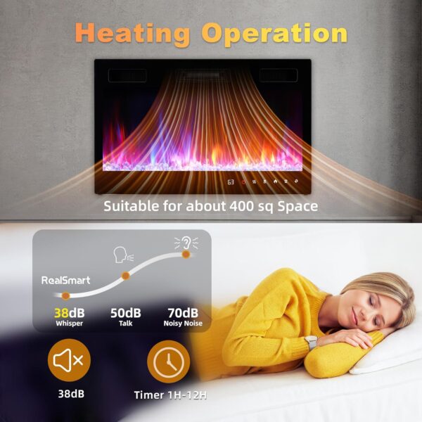 Electric Fireplace Insert 36" Realsmart 1500W Wall Mounted Electric Fireplaces with Recessed Heaters, Remote Control, Slim Black Fireplace Screen, Timer, 12 Flame Colors LED Decor, Low Noise - Image 5