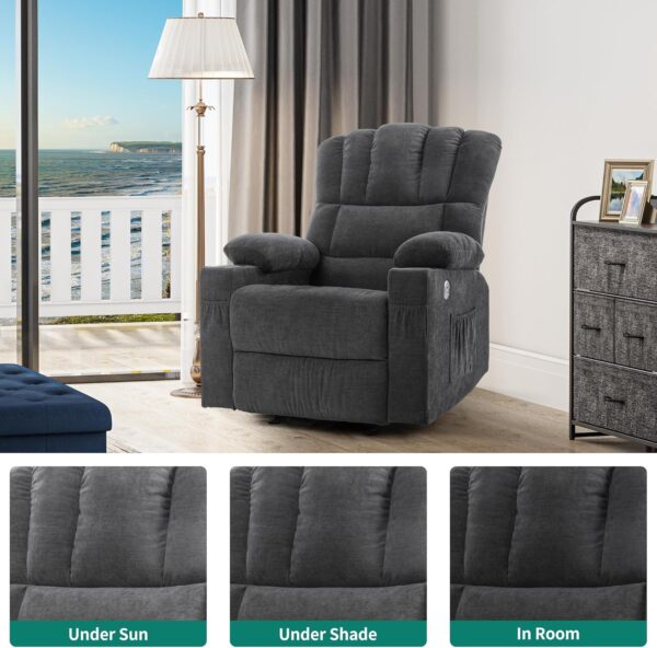 DWVO Manual Recliner Chair with Massage and Heat, Fabric Recliner Chair with Overstuffed Armrest, Rocking Recliner with 2 Cup Holders, USB Charge Port and Side Pocket for Living Room, Grey - Image 6