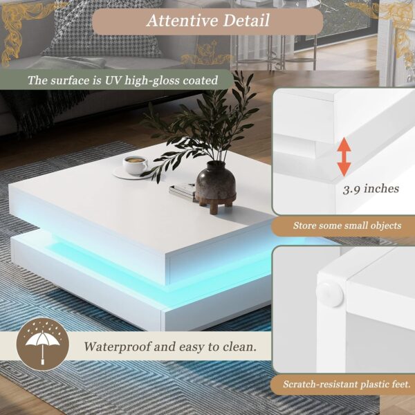 LED Coffee Table for Living Room, 2-Tier Square Center Table, High Gloss Coffee Table with 7-Color Plug-in LED Light, Cocktail Table for Party Home Office Reception, Remote Control, White - Image 5