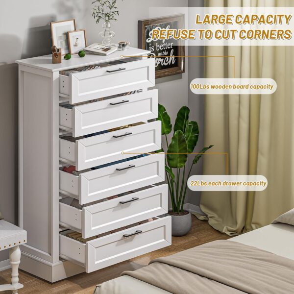 White 6 Drawer Dresser, 55 Inch Tall White Dresser for Bedroom, Modern Farmhouse Style Chest of Drawers for Bedroom Living Room, Wood Rustic Tall Dresser, Organizer for Closet, Living Room, Hallway - Image 3