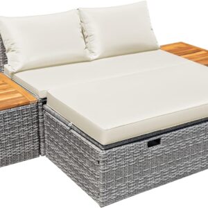 Devoko Outdoor Daybed Set Multifunctional Patio Day Bed Rattan Lounge Bed with 2 Side Tables for Backyard Porch Poolside Lawn Beach (Beige White)
