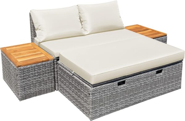 Devoko Outdoor Daybed Set Multifunctional Patio Day Bed Rattan Lounge Bed with 2 Side Tables for Backyard Porch Poolside Lawn Beach (Beige White)