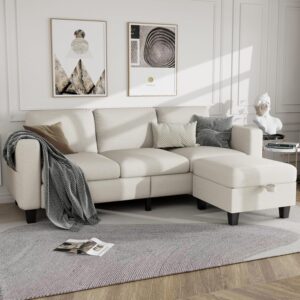 L Shape Living Room Cloud Couch: Small Modular 3 Seat Sectional - Comfy Linen with Storage Deep Seat Sofa,Washable Covers,Suitable for Living Room, Apartment, Office, Bedroom-Beige