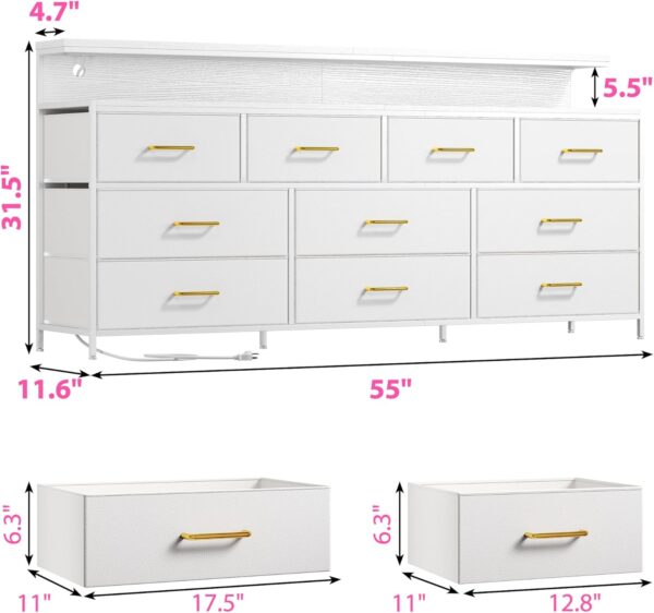 EnHomee 55" W White Dresser for Bedroom with 10 Drawers Long Dressers & Chests of Drawers with LED Lights & Power Outlets Large Dresser for Bedroom Dresser for Closet, Hallway, Metal Frame, White - Image 3