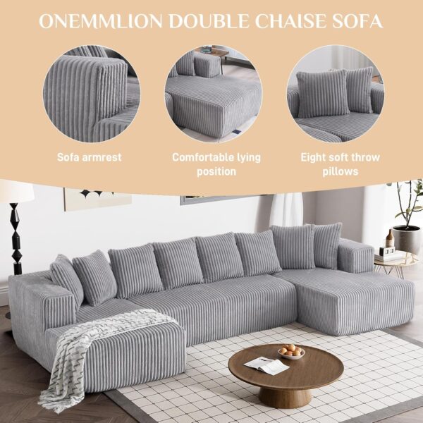 131" Modular Sectional Couch, Luxury Couches for Living Room, Comfy Corduroy Couch Sectional Sofa with Double Chaise Lounge, Free Combination Sleeper Sofa with Memory Foam, Grey - Image 4