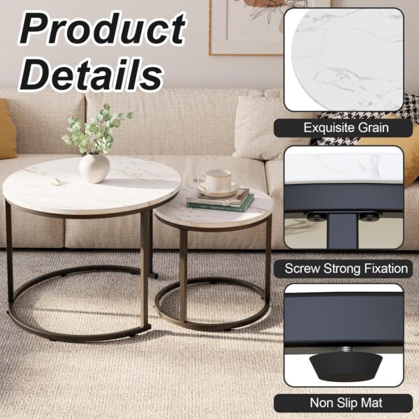 aboxoo Round Nesting Coffee Table Side Table Set of 2 End Tables for Living Room Bedroom Balcony, White Faux Marble Wooden Table Accent Coffee Table with Black Steel Frame - Image 6