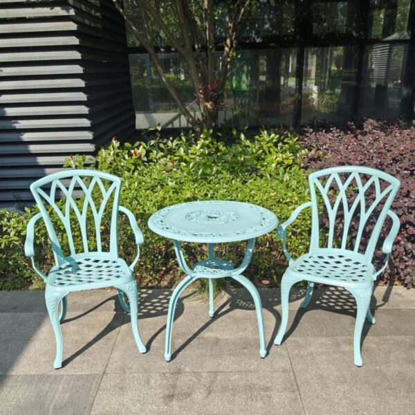 KAILI 3 Piece Bistro Table Set Cast Aluminum Outdoor Patio Furniture with Chair with armrests (Light Blue) - Image 7