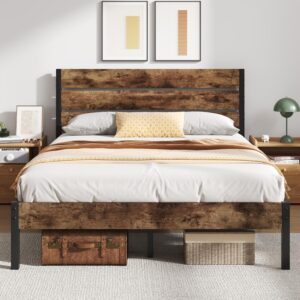 Foredawn Queen Bed Frame with Wooden Headboard and Footboard, 14 Inch Metal Platform Bed, Mattress Foundation, No Box Spring Needed, Noise Free, Under Bed Storage, Easy Assembly, Rustic Brown