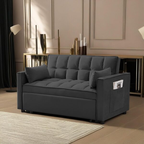 MMTGO 3 in 1 Velvet Convertible Sleeper Sofa Bed, w/Pullout Bed, Reclining Backrest,Toss Pillows, Pockets, Small Loveseat Lounge Couch, Furniture for Living Room - Image 4