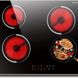 Electric Cooktop 24 Inch - 4 Burner Drop-in Electric Ceramic Cooktop, Electric Stove Top with Glass Protection Metal Frame, 9 Heating Level, 6000W, 220-240V for Hard Wire(No Plug)