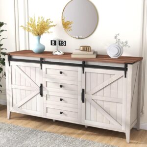 Farmhouse 4 Drawers Dresser for Bedroom with Sliding Barn Doors, 60 Inch Wide Natural Texture Wood Rustic Chest of Drawers for Living Room Bedroom Hallway Neoclassical White
