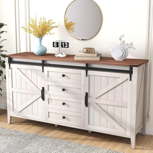 Farmhouse 4 Drawers Dresser for Bedroom with Sliding Barn Doors, 60 Inch Wide Natural Texture Wood Rustic Chest of Drawers for Living Room Bedroom Hallway Neoclassical White