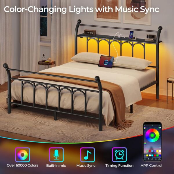 Rolanstar Full Bed Frame with USB Charging Station, LED Bed Frame with Storage Headboard, 14 Inch Black Metal Platform Bed with Sleigh Headboard and Footboard, No Box Spring Needed, Noise Free - Image 3