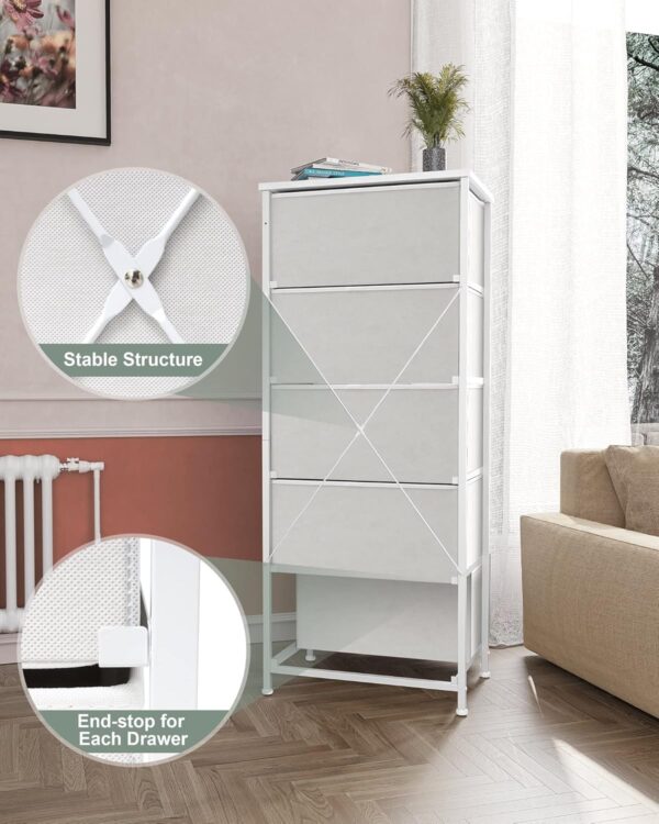 Crestlive Products Tall Dresser Vertical Storage Tower - Sturdy Steel Frame, Wood Top, Easy Pull Fabric Bins - Organizer Unit for Bedroom, Hallway, Entryway, Closets - 5 Drawers(White) - Image 7