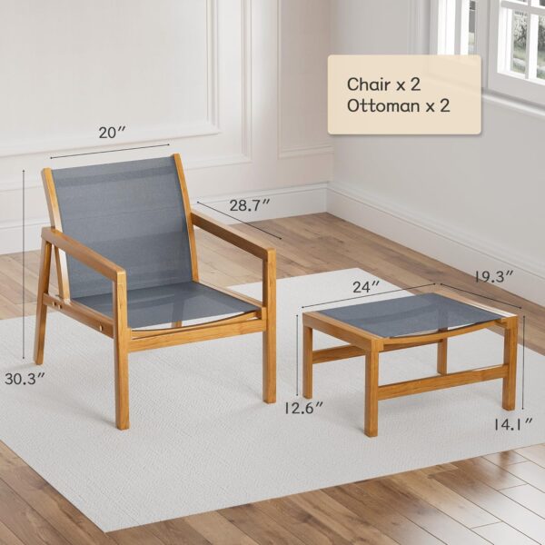 Greesum 4 Piece Furniture Outdoor Acacia Wood Chair with Ottoman for Porch, Balcony, Deck, Patio, Backyard, Gray - Image 3