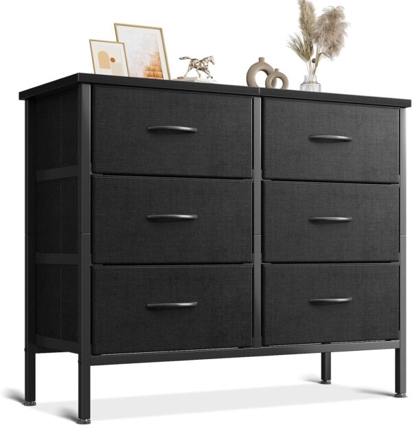 AODK Dresser for Bedroom Dresser TV Stand with 6 Storage Drawers, Small Fabric Dresser Chest of Drawers for Closet Organizer Clothes, Black