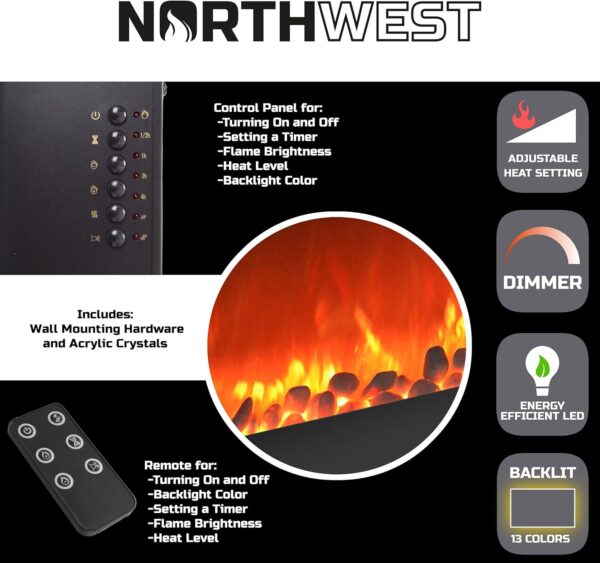 Electric Fireplace - 30 Inch Wall Mounted Fireplace - 13 Backlight Colors and Remote Controlled LED Flames, Heat, and Brightness by Northwest (Black) - Image 4