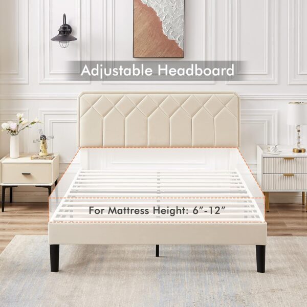 VECELO Full Size Bed Frame Premium Velvet Upholstered Platform with Height Adjustable Headboard/Mattress Foundation, Solid Wooden Slat Support, No Box Spring Needed/Easy Assembly - Image 5