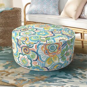 Inflatable Ottoman for Outdoor/Indoor Use,Portable Foot Stool with Handle,Water Repellent Footrest Pouf Ottoman Suitable for Patio,Camping,Deck and Travel(D21 x H9,Flower Blue)