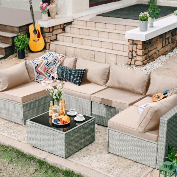 Skyfish 7 Pieces Patio Furniture Set - Outdoor Sectional Wicker Rattan Furniture with Cushion and Glass Table Patio Conversation Sets for Porch Poolside Backyard Outdoor Sofa Set Modular Sofa - Image 6