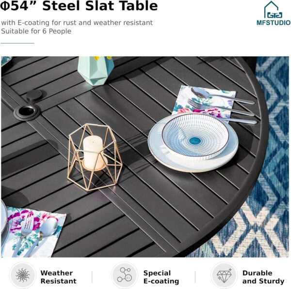 MFSTUDIO 5 Pieces Patio Dining Furniture Set for 4, 37" Steel Frame Slat Large Square Table with 1.57'' Umbrella Hole and 4 PE Rattan Dining Chairs, Outdoor Table and Chairs Dining Set for 4 - Image 2