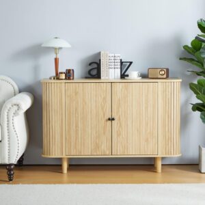 Storage Cabinet, Sideboard Buffet Cabinet with Stripping Decorated Design, 2 Doors and Adjustable Shelve, Console Table, Credenza for Living Room, Dining Room, Bedroom (Natural)