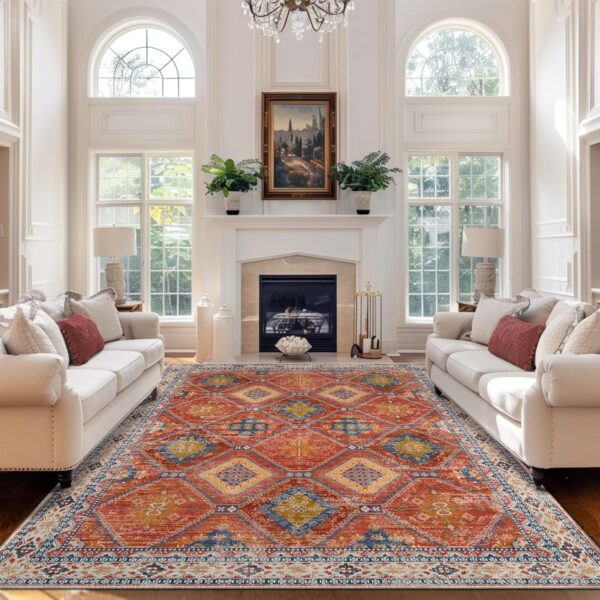 Area Rug 8x10 Bohemian Area Rugs Stain Resistant Print Washable Boho Rug Vintage Distressed Carpet Rugs Non Slip Low Pile Water Repellent for Living Room Bedroom Red/Orange/Blue - Image 2