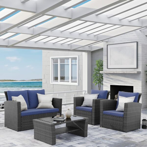 Wisteria Lane 4 Piece Outdoor Patio Furniture Sets, Wicker Conversation Set for Porch Deck, Grey Rattan Sofa Chair with Cushion （Blue - Image 2