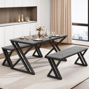 GAOMON Dining Table Bench Set for 4, Kitchen Table Set with 2 Benches, Rectangular Dining Room Table Set with Sturdy Metal Frame, Saving Space for Kitchen, Dining Room, Apartment, Grey