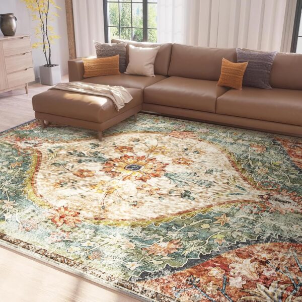 5x7 Area Rugs for Living Room Machine Washable Vintage Boho Rugs Bedroom Carpet Rugs Non Slip Low Pile Water Repellent Soft Distressed Indoor Decor Polyester Area Rug Beigered - Image 3
