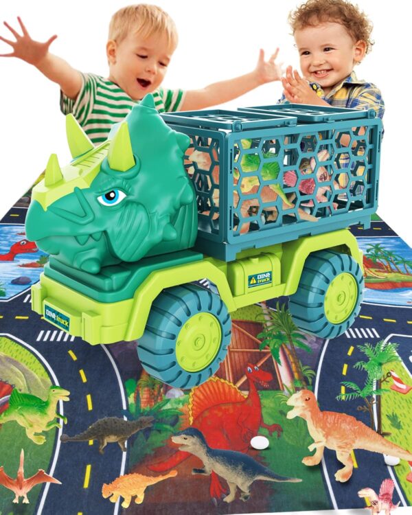 HONGID Dinosaur Truck Toys for Kids 3-5, Triceratops Car Toy with 15 Dino Figures,Large Activity Play Mat, Dinosaur Eggs, Dinosaur Play Set for Boys and Girls,Christmas Xmax,Stocking Stuffers - Image 6