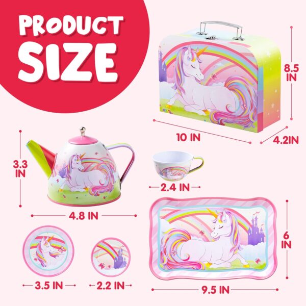 JOYIN Unicorn Tea Set for Toddlers Tea Party Set for Children Kids Pretend Role Play Tin Teapot Set with Cups, Plates and Carrying Case Kitchen Toy for Little Girls Birthday Gifts Age 3 4 5 6 - Image 7