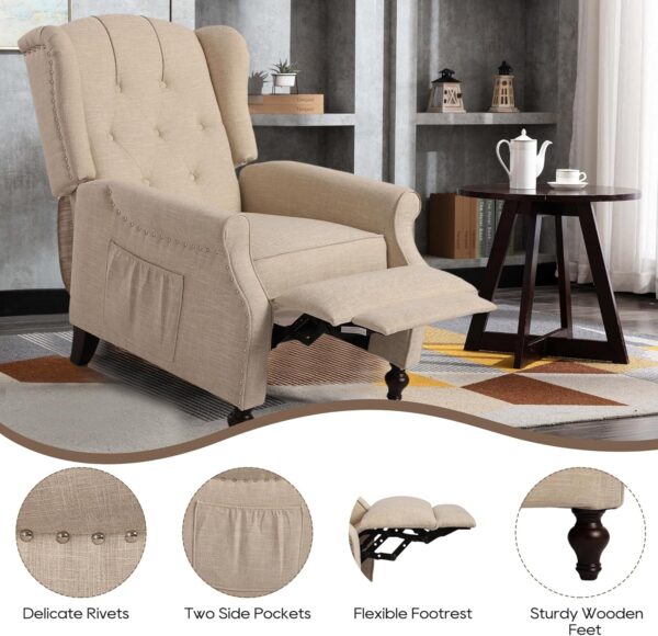 Wingback Recliner Chair with Massage and Heat, Tufted Fabric Push Back Recliner Chair for Living Room, Vintage Recliner Chair with Remote Control, Padded Cushion, Backrest, Wooden Legs - Image 6