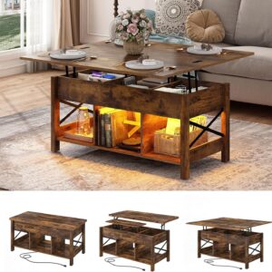Lift Top Coffee Table, 4 in 1 Living Room Multi-Function LED Table with Charging Station&LED Lights, Farmhouse Convertible Lift Center Table w/Storage and Hidden Compartment, Rustic Brown