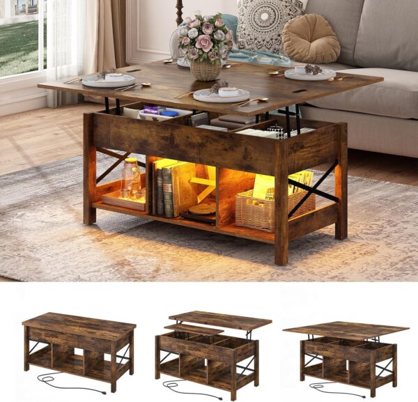 Lift Top Coffee Table, 4 in 1 Living Room Multi-Function LED Table with Charging Station&LED Lights, Farmhouse Convertible Lift Center Table w/Storage and Hidden Compartment, Rustic Brown