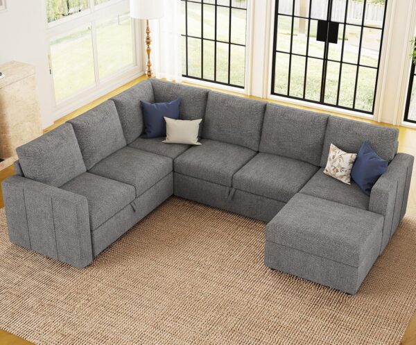 Belffin Modular Sectional Sleeper Sofa with Pull Out Couch, U Shaped Sleeper Pull Out Bed, Convertible Sectional Couches for Living Room, Light Grey - Image 4