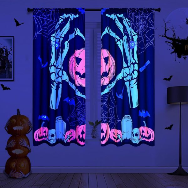 Alishomtll Halloween Window Curtains, Halloween Fluorescen Curtains for Bedroom Living Room Halloween Decorations, Halloween Spider Web Pumpkin Home Window Treatments, 52 x 63 Inch - Image 2