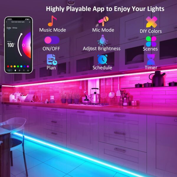 maylit 10 PCS Smart RGB Under Cabinet Lights Kit, Work with Alexa and Google Assistant, App and Remote Control, Music Sync Color Changing, Timer, Dimmable, for Cabinet, Counter, Shelf, Bookcase - Image 5