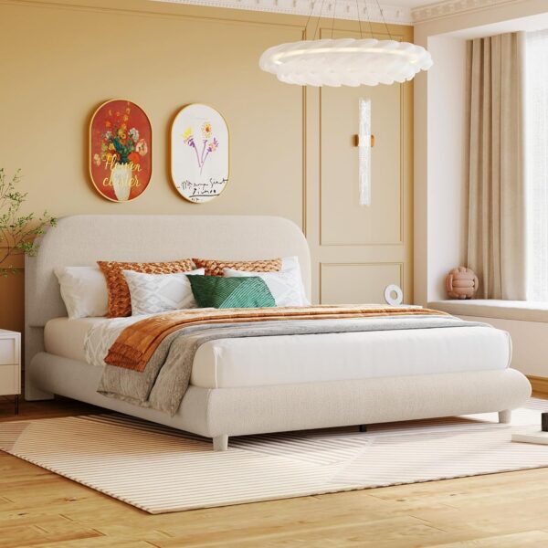 Teddy Fleece Queen Size Upholstered Platform Bed with Thick Fabric, Solid Frame and Stylish Curve-Shaped Design,for Kids Teens Adults Bedroom (Beige@Teddy Fleece, Queen) - Image 3